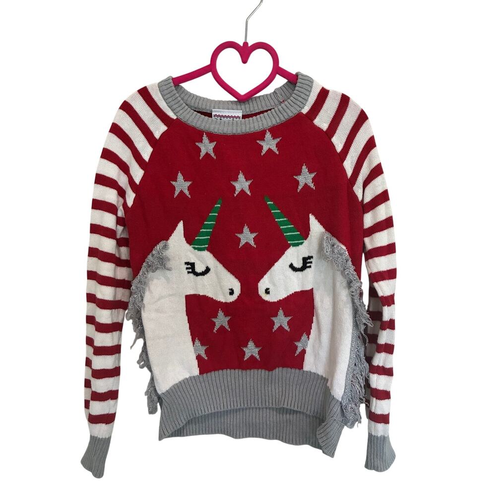 Holiday Sweater Red Knit Crewneck Long Sleeves w/Unicorns Christmas Xmas Size 6